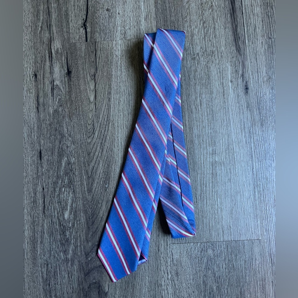 The Tie Bar Blue Tie with Red and White Diagonal Stripes